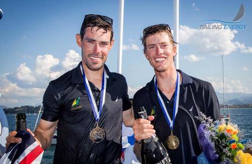 Santander 2014 ISAF Sailing World Championships - Champagne soaked Aussies Mat Belcher and Will Ryan &copy;  Jesus Renedo / Sailing Energy http://www.sailingenergy.com/